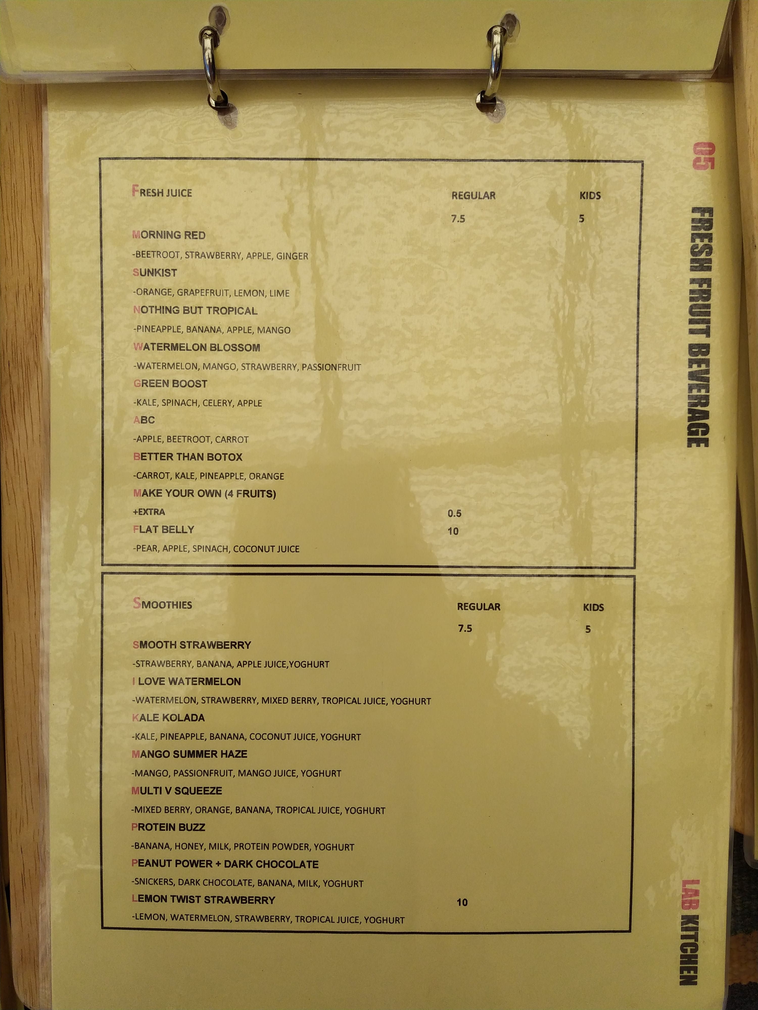 Menu at Lab Kitchen cafe, Five Dock