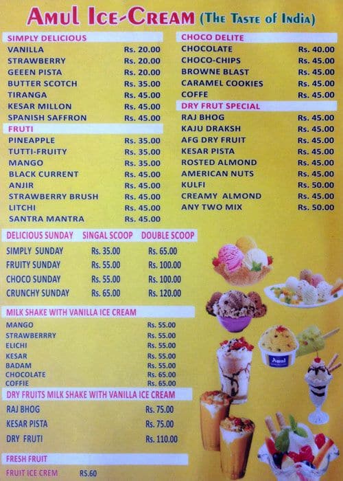 Amul Ice Cream Menu Card