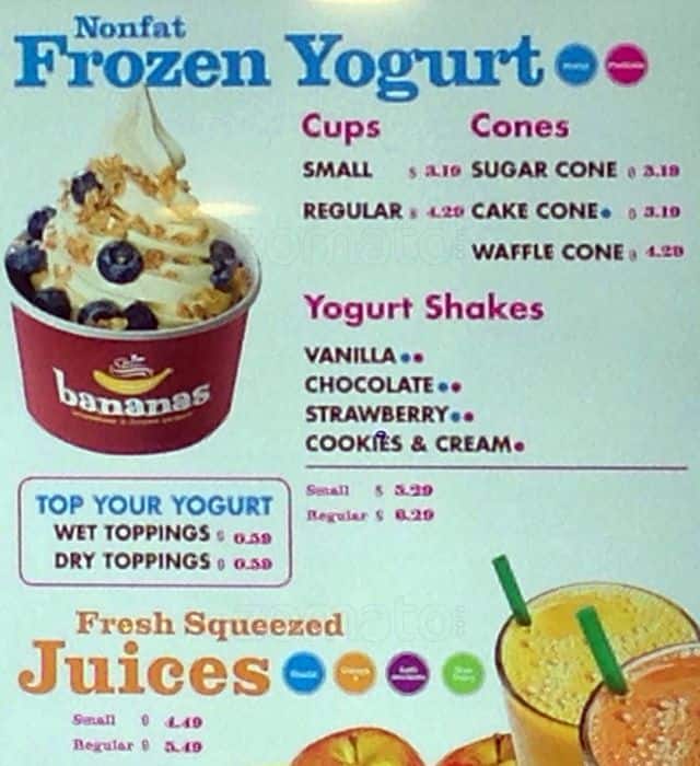 Menu at Bananas fast food, Charlotte