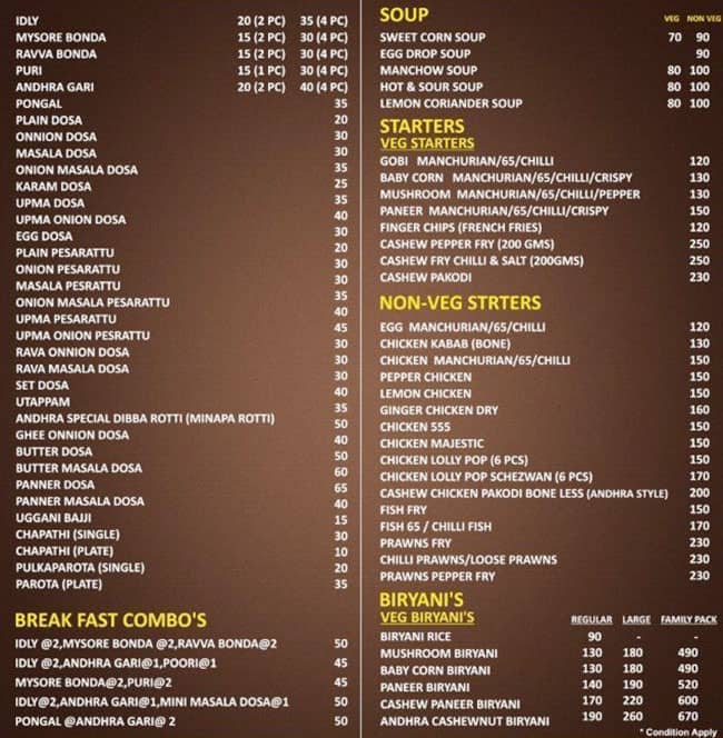 Menu of Andhra Food Court, ITPL Main Road, Whitefield, Bangalore