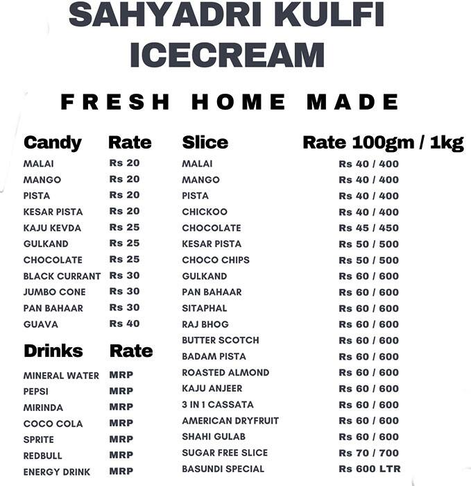 Menu of Sahyadri Kulfi Ice Cream, Ghatkopar East, Mumbai