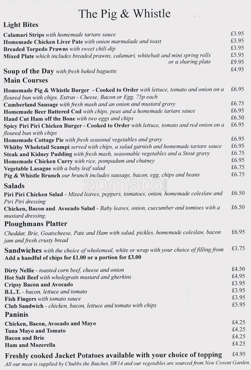 The Pig & Whistle Menu, Menu For The Pig & Whistle, Mortlake, London 