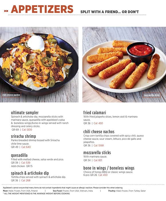 Applebee's menu