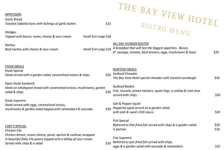 Menu at Bay View Hotel pub & bar, Kaiaua