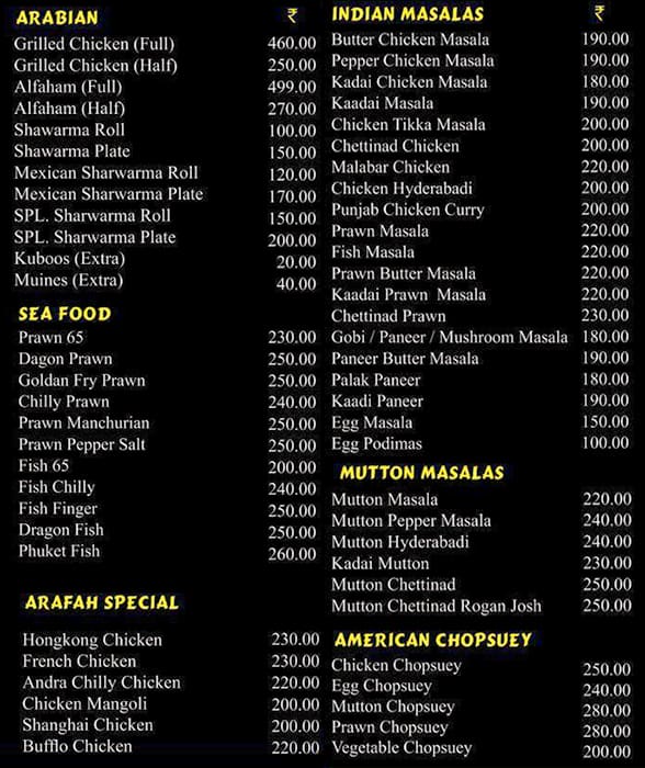 Al-Arafath Multi Cuisine Restaurant menu
