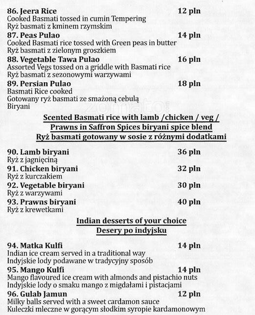 Menu at Saffron Spices Indian & Thai Restaurant. Warsaw, Warsaw