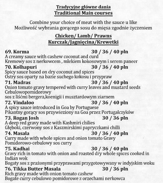 Menu at Saffron Spices Indian & Thai Restaurant. Warsaw, Warsaw