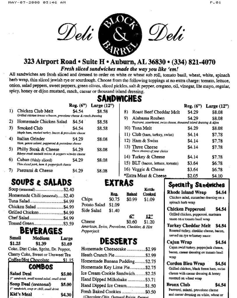 Block & Barrel Deli Menu, Menu for Block & Barrel Deli, Auburn, Auburn