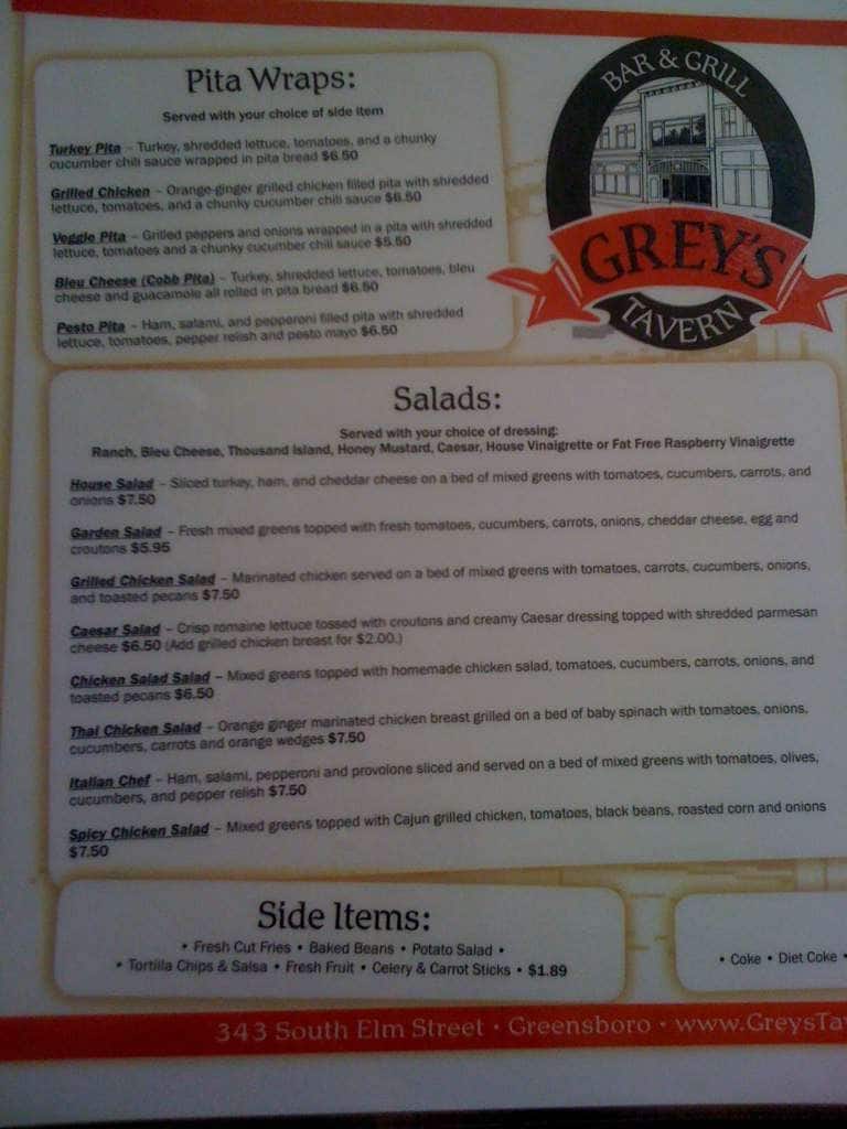 Grey's Tavern Menu, Menu for Grey's Tavern, Greensboro, Piedmont Triad