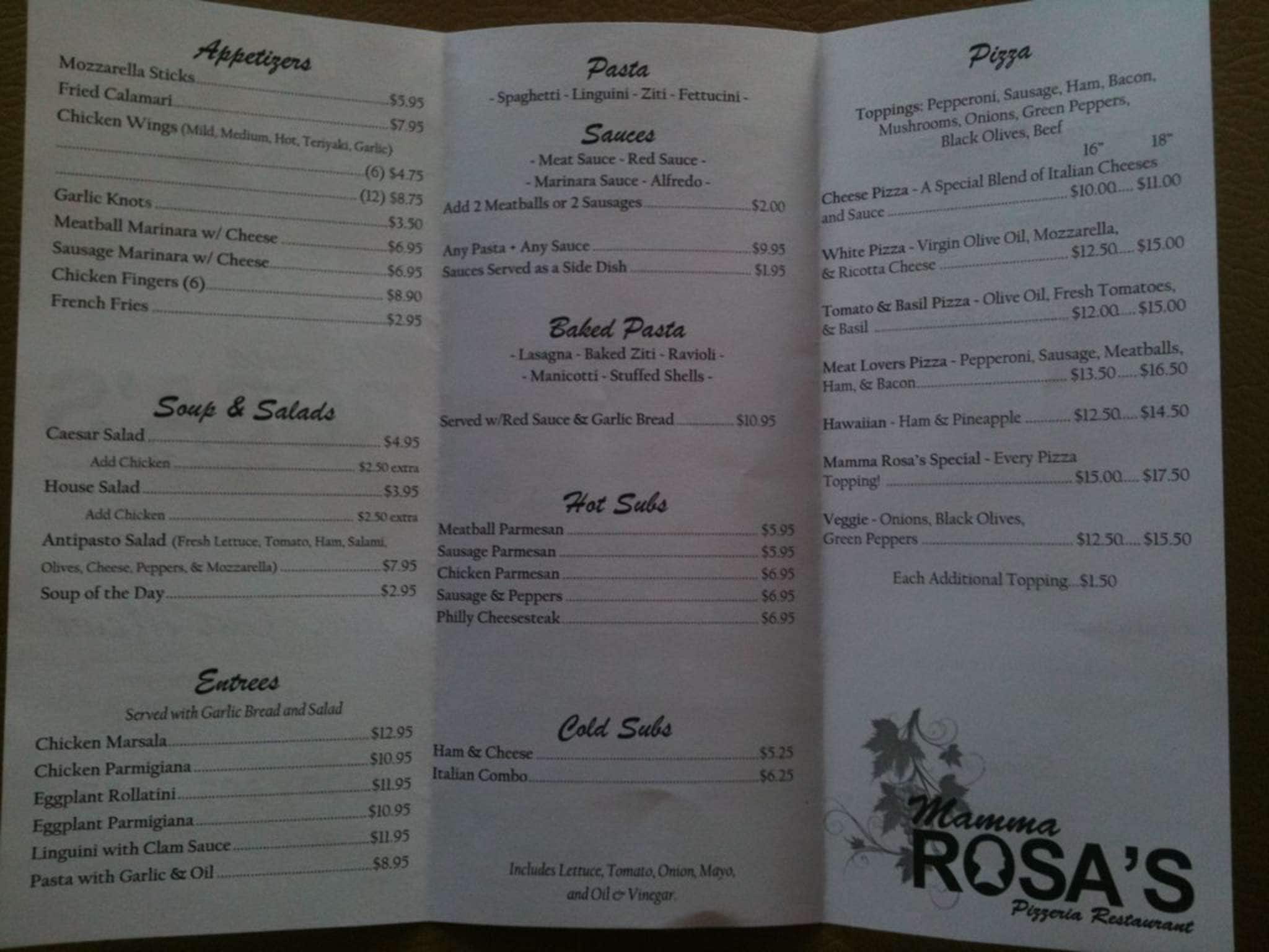 Menu at Mama Rosa's pizzeria, Titusville