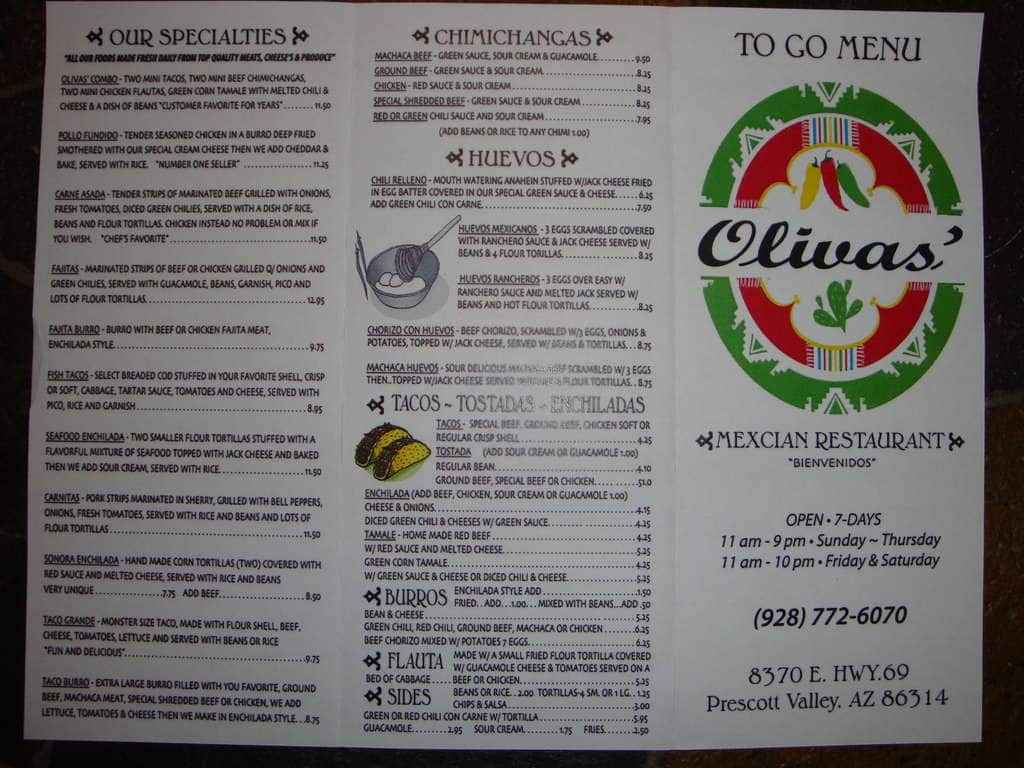 Menu at Olivas' Mexican Food restaurant, Prescott Valley