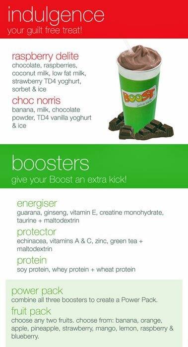 Boost Juice menu
