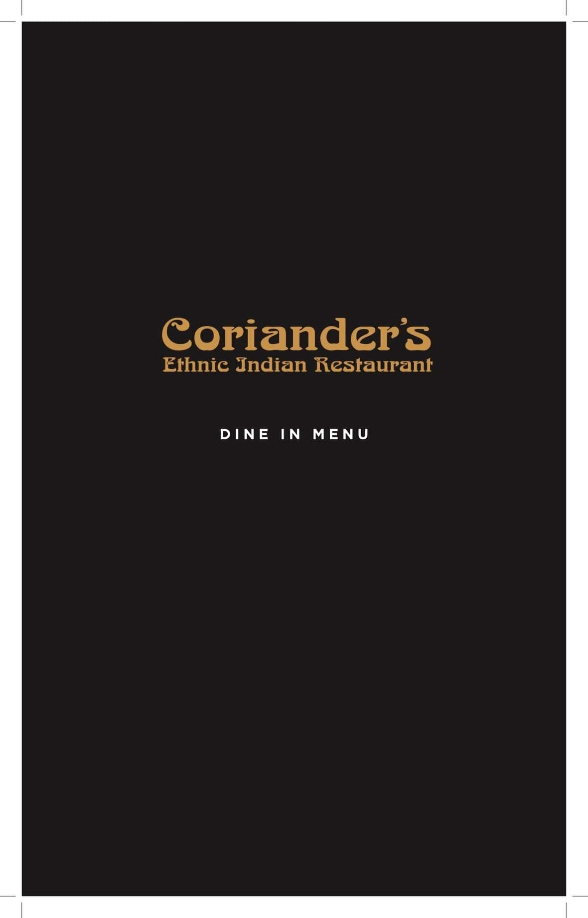 Coriander's Menu, Menu for Coriander's, Christchurch Central