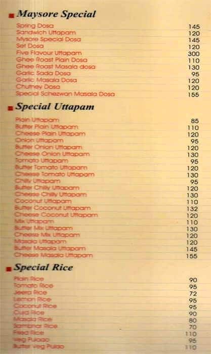 Mysore Cafe menu