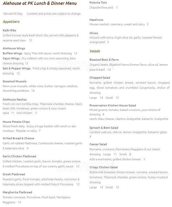 Preservation Kitchen menu