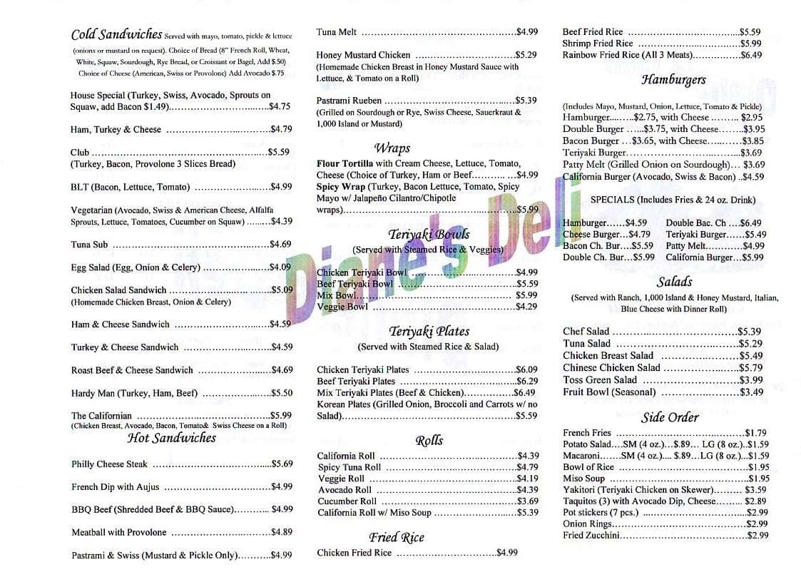 Carta de Diane's Deli