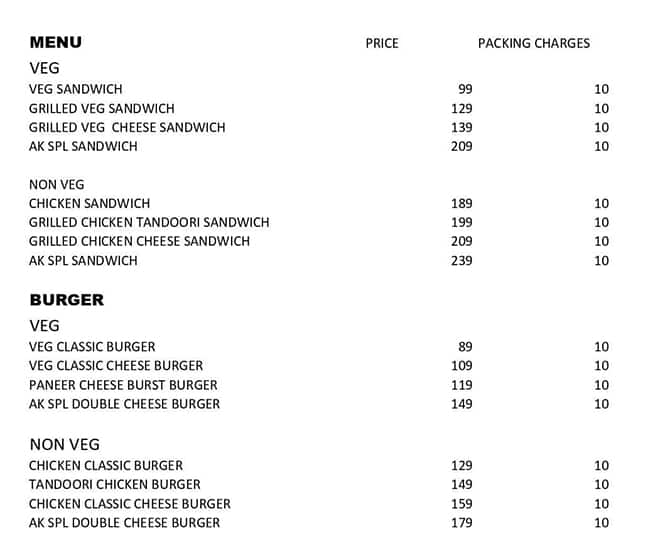 Menu of AK Food Spot, Anna Nagar West, Chennai