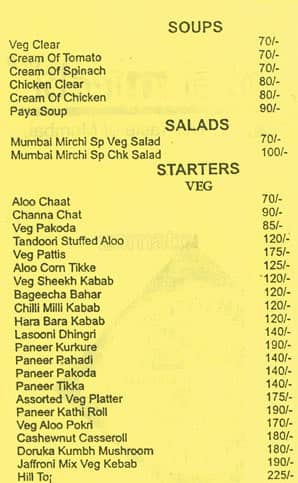 Mumbai Mirchi menu
