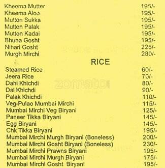Mumbai Mirchi menu