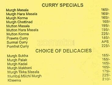 Mumbai Mirchi menu