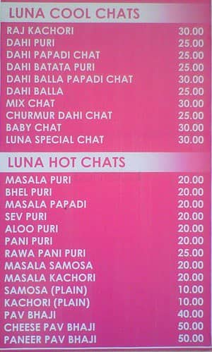 Luna Sweets menu