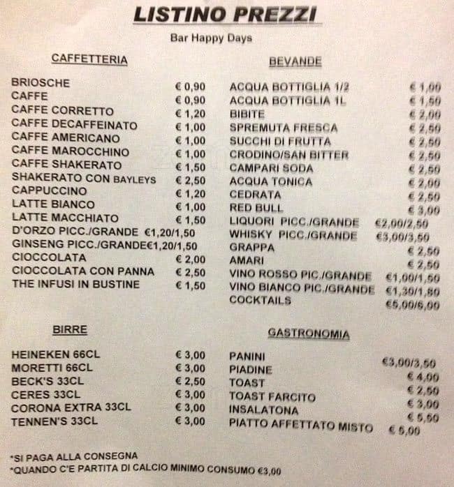 Menu di Happy Days 