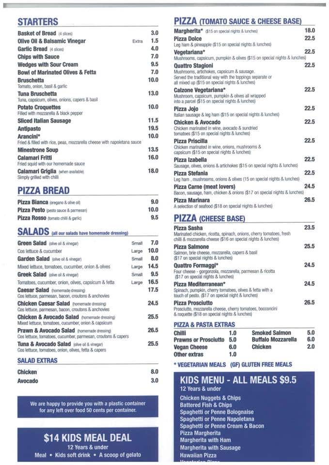 Menu at Siena's pizzeria, Leederville