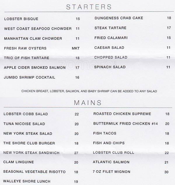 The Shore Club The Westin Ottawa Menu Urbanspoon/Zomato