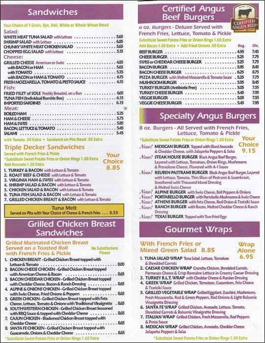 Van Dam Diner menu, Menu restauracji Van Dam Diner, Sunnyside, New York