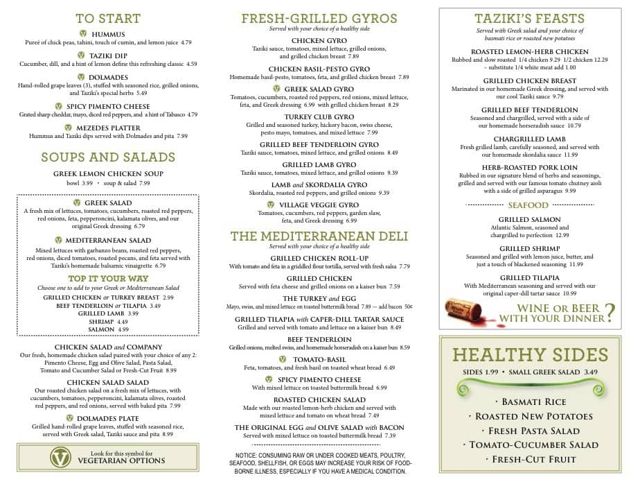 Menu at Taziki's Mediterranean Cafe - Green Hills, Nashville, Bandywood Dr