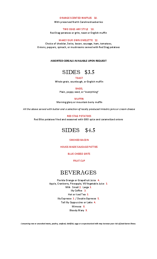 Menu at Red Stag Grill restaurant, Asheville