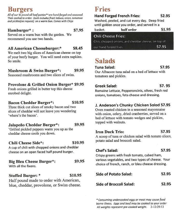 The Iron Duck Cafe Menu, Menu for The Iron Duck Cafe, Iron Mountain