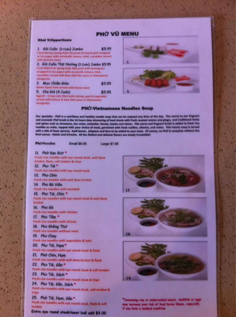 Menu at Pho Vu restaurant, La Quinta