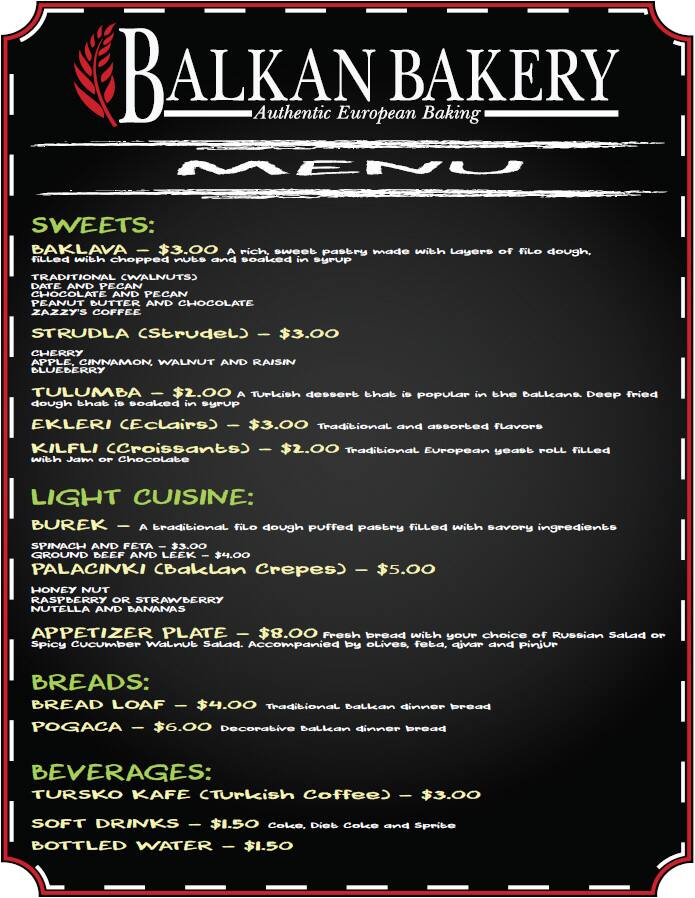 Menu at Balkan Bakery, Abingdon