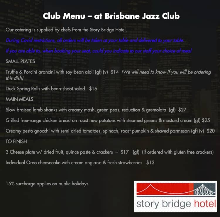 Menu at Brisbane Jazz Club, Kangaroo Point
