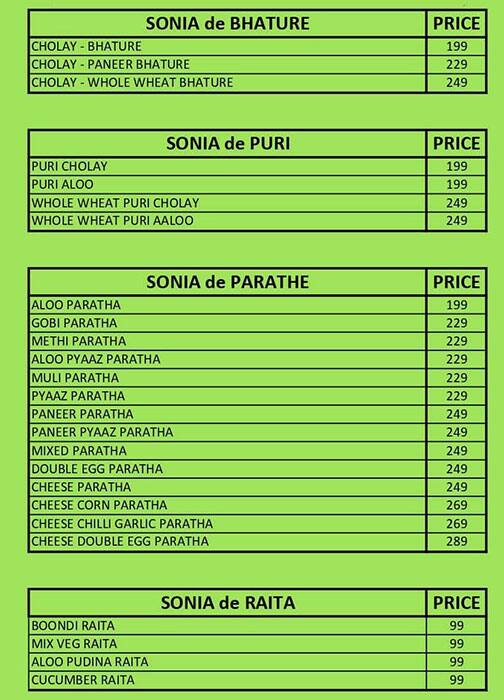 Parathe Menu Menu of Sonia De Parathe, Sahakara Nagar, Bangalore