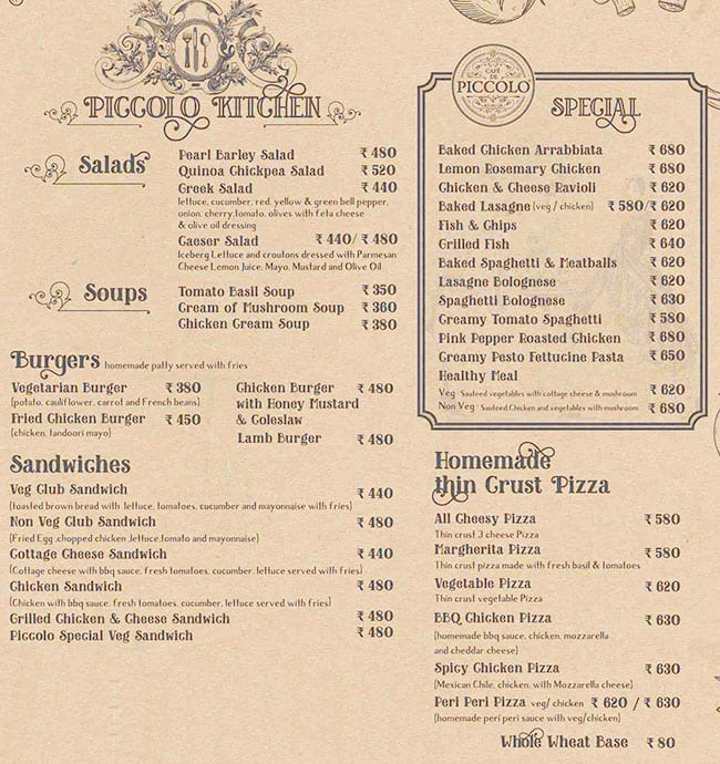 Menu of Café De Piccolo, Sector 9, Chandigarh