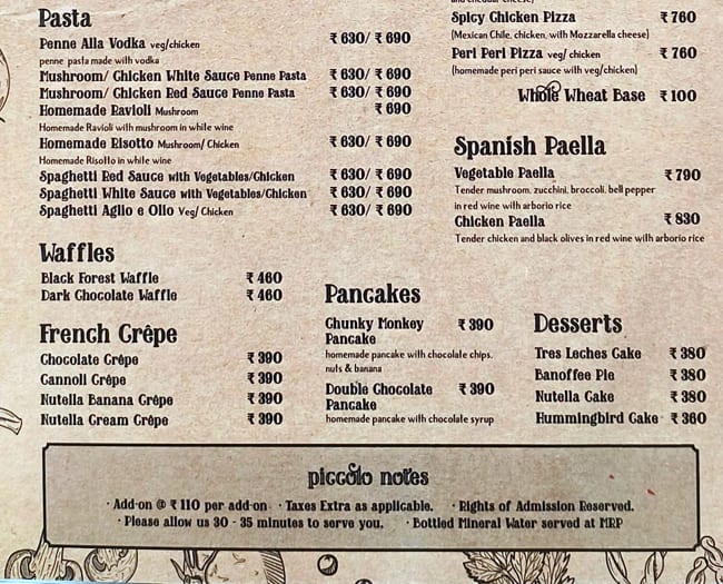Menu of Café De Piccolo, Sector 9, Chandigarh