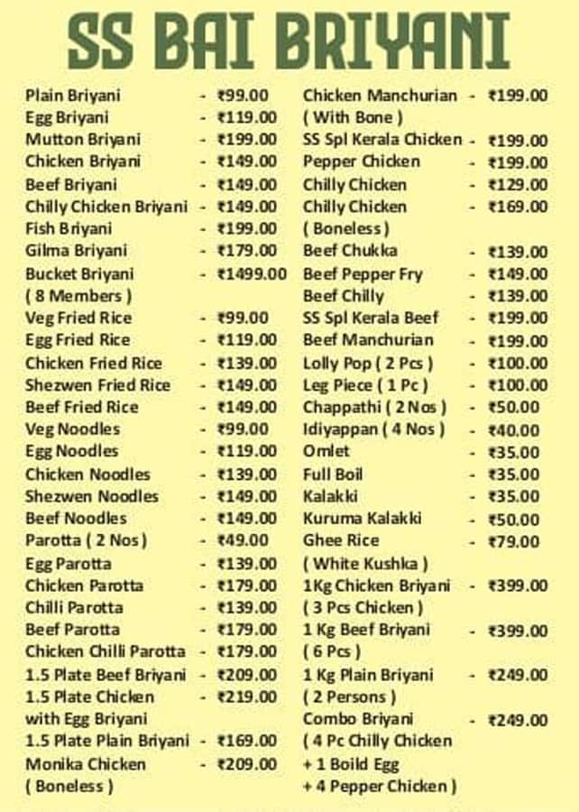 Menu of SS Bai Briyani, Lakshmi Mills, Coimbatore