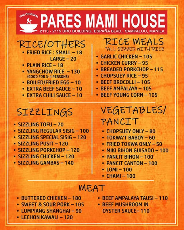 Carta Del Restaurante The Original Pares Mami House Since 1989