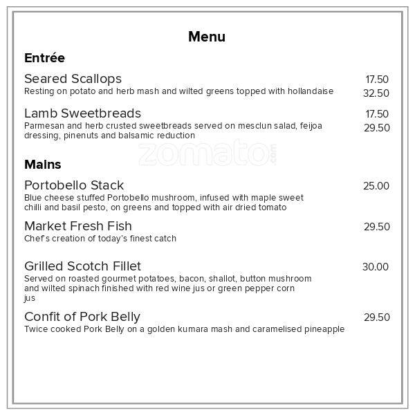 Menu at Valley d'Vine Restaurant, Napier