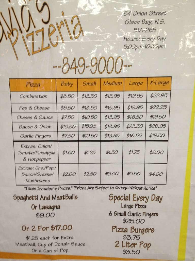 David's Pizzaria Menu,Menú para David's Pizzaria, Glace Bay, Glace Bay