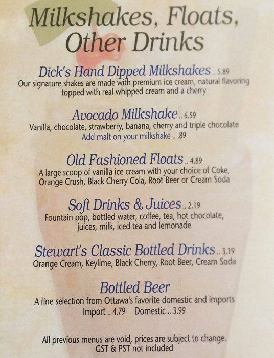 Menu at Dick's DriveIn & Dairy Dip restaurant, Ottawa