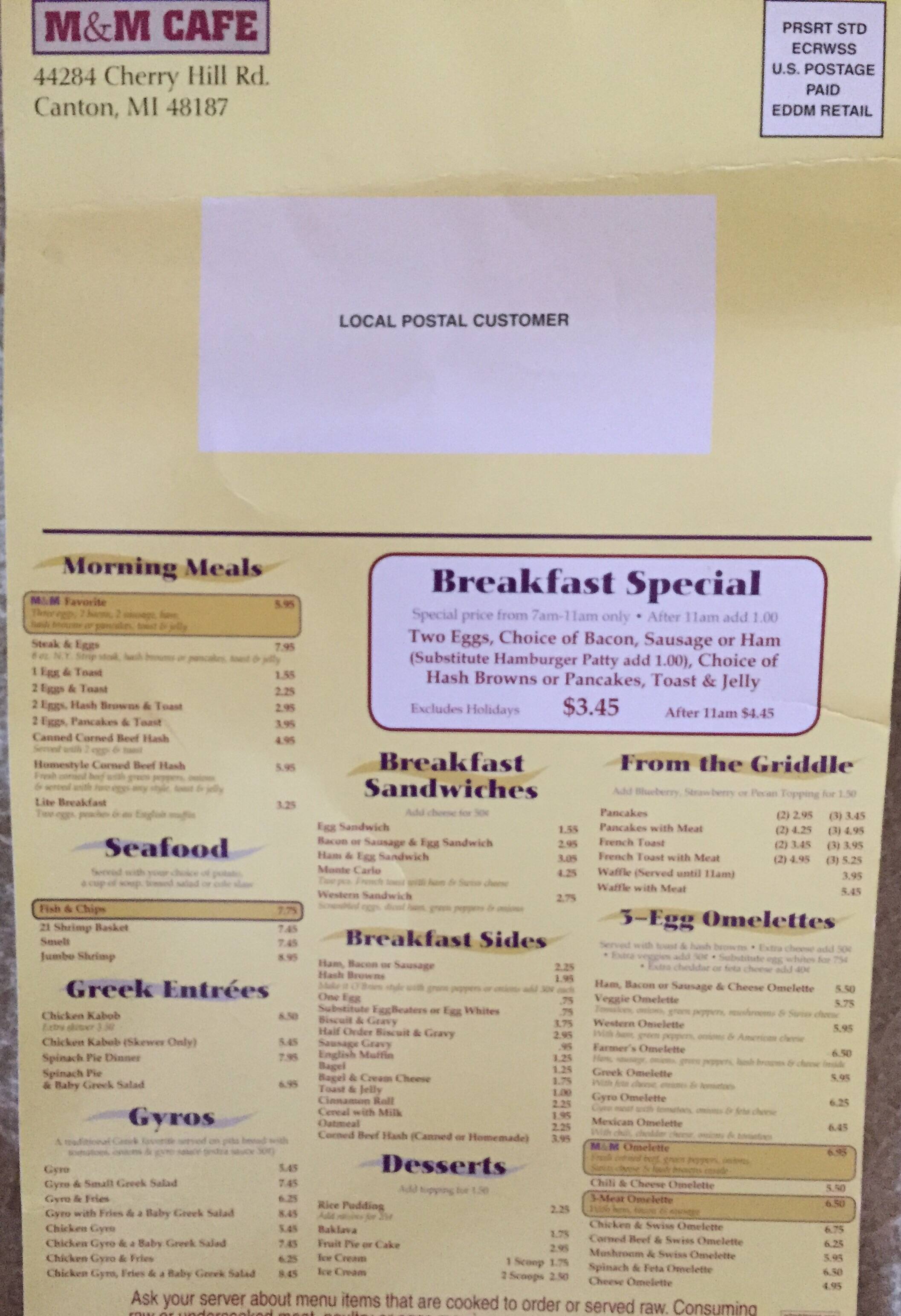 Menu at M & M Cafe, Canton