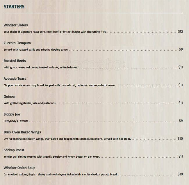 Windsor Roast House Menu, Menu for Windsor Roast House, South Slope