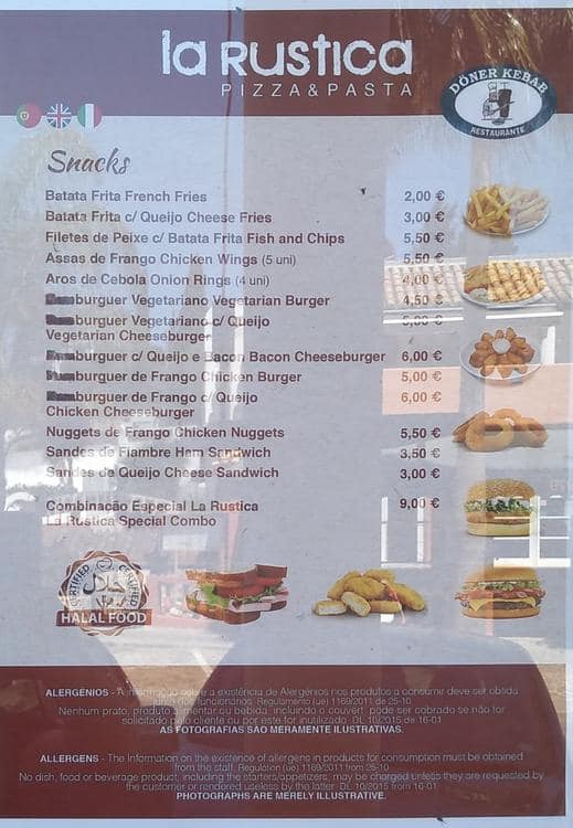 Menu at La Rustica restaurant, Carvoeiro