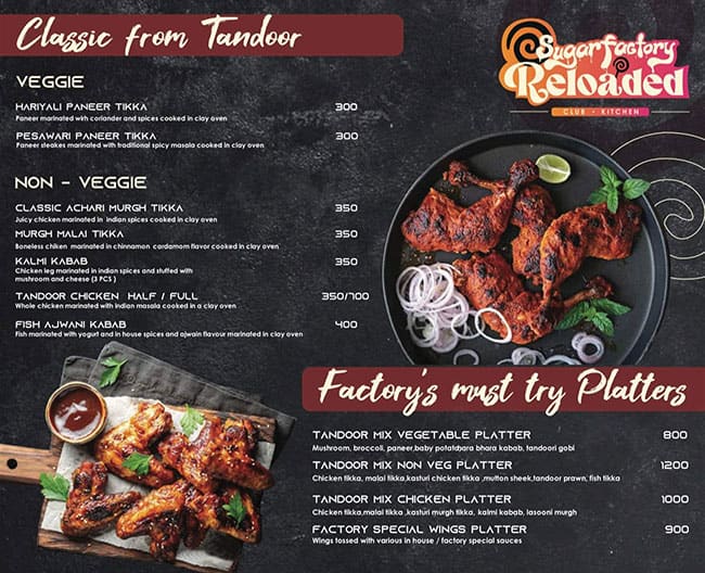 Menu of Sugar Factory Reloaded, Koramangala 5th Block, Bangalore