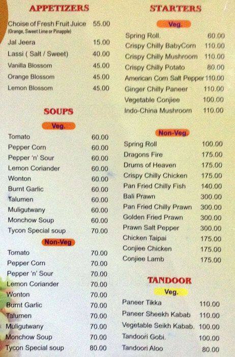 Tycoon Restaurant menu
