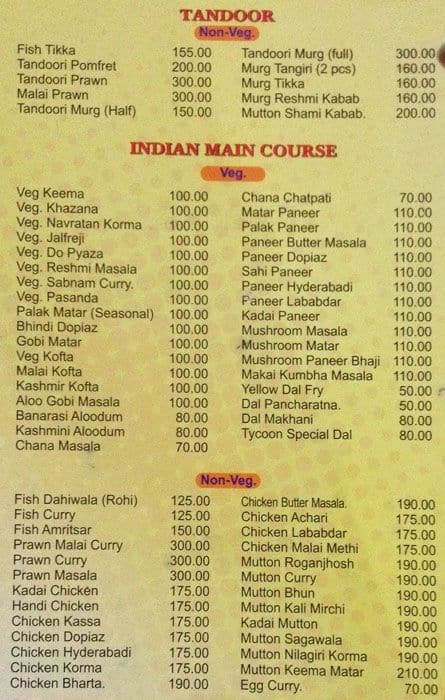 Tycoon Restaurant menu