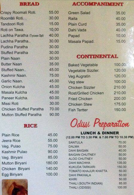 Tycoon Restaurant menu